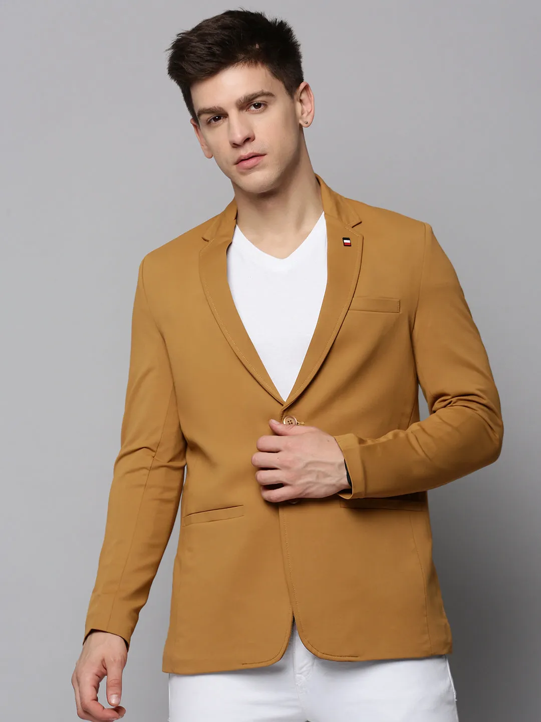 Men Gold Single-Breasted Casual Blazer