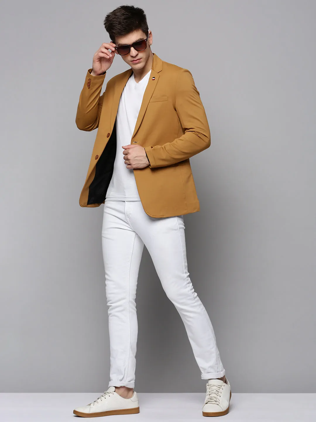 Men Gold Single-Breasted Casual Blazer