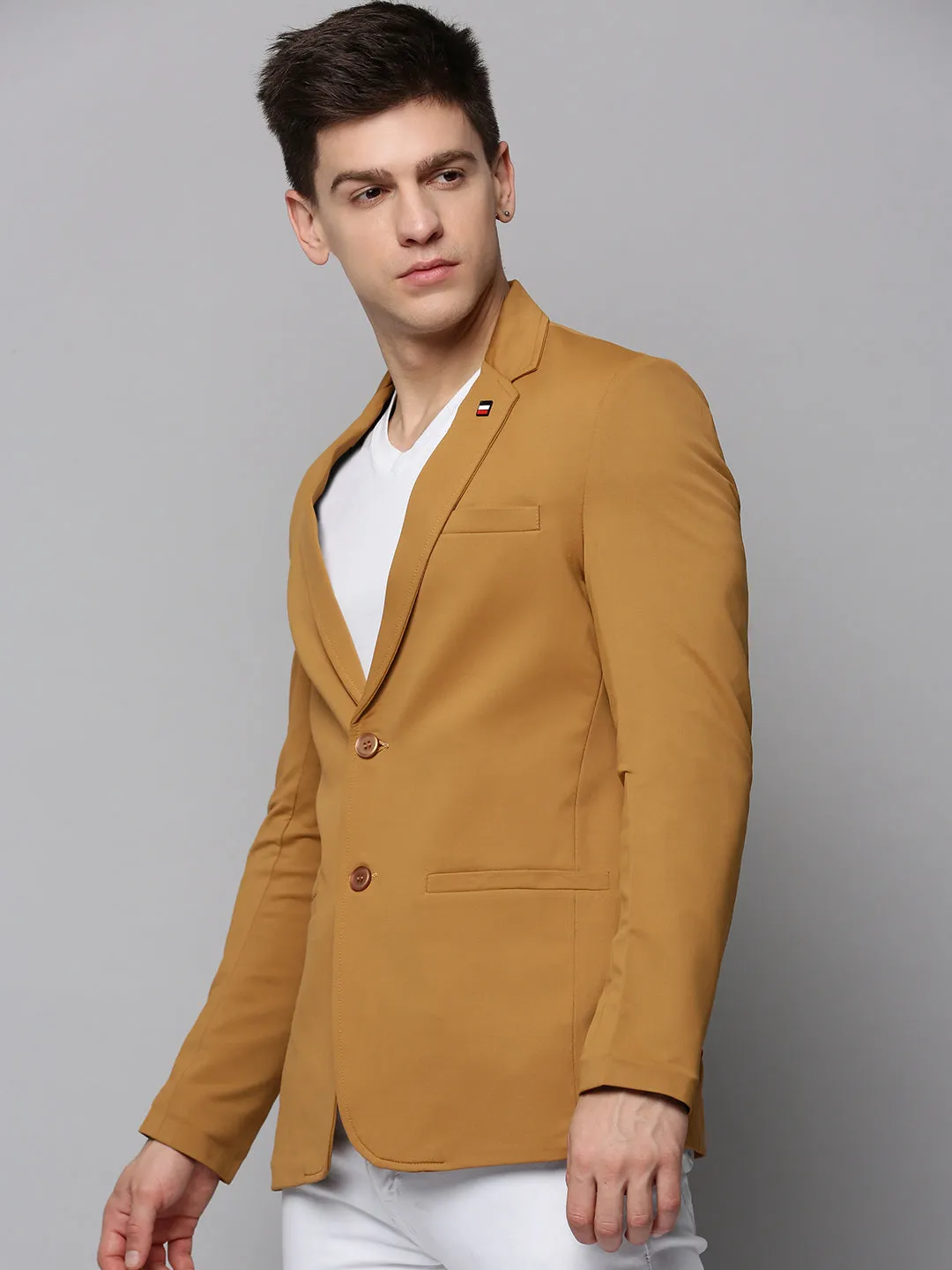 Men Gold Single-Breasted Casual Blazer
