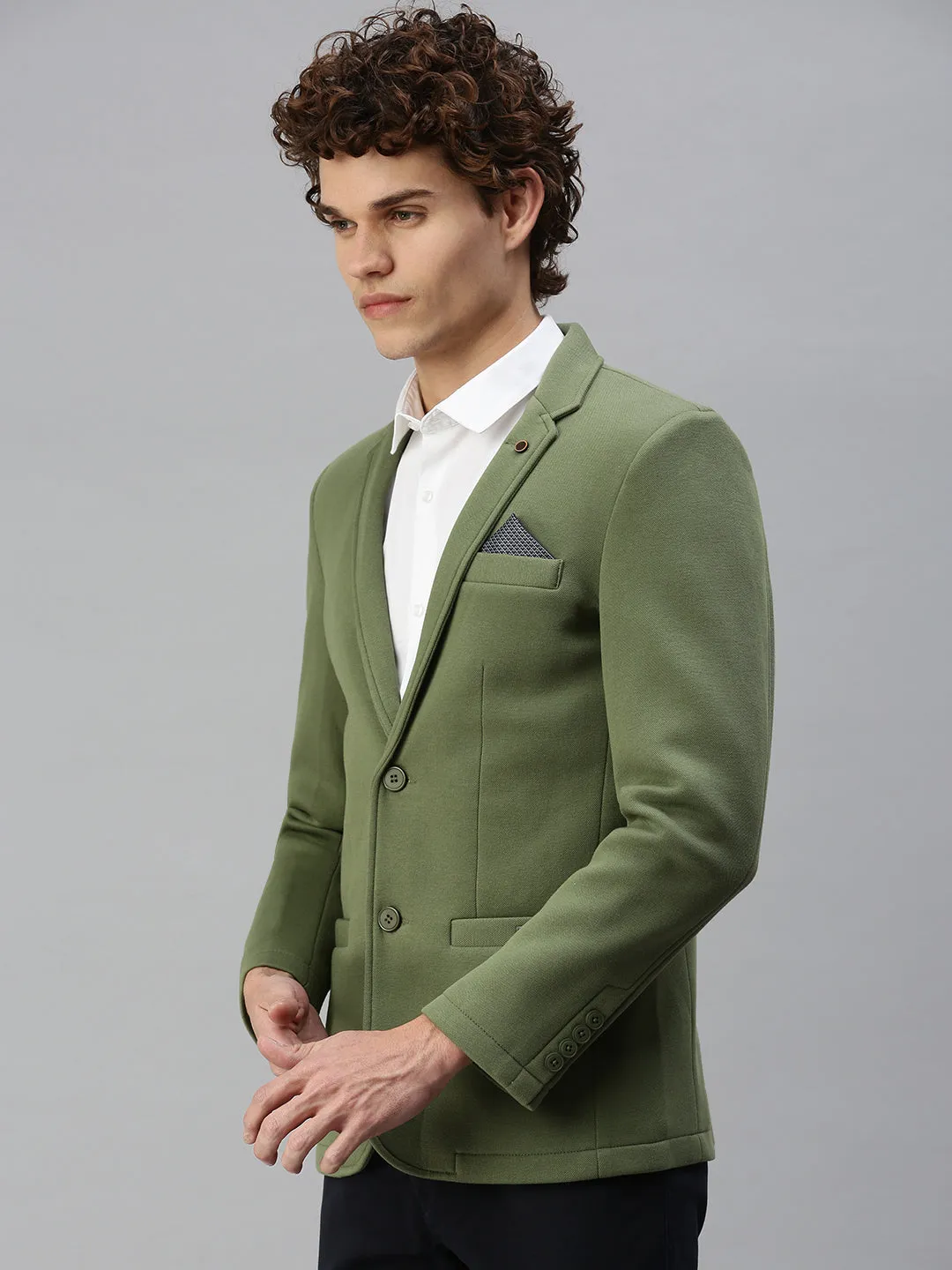Men Green Solid Single-Breasted Slim-Fit Blazer