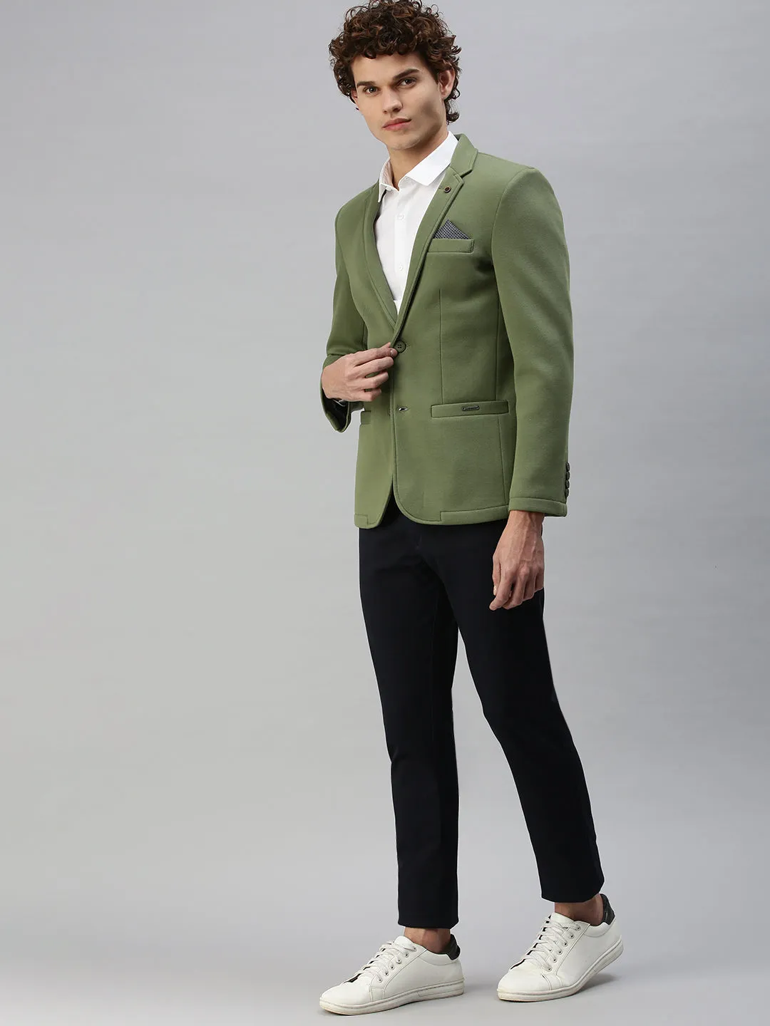 Men Green Solid Single-Breasted Slim-Fit Blazer