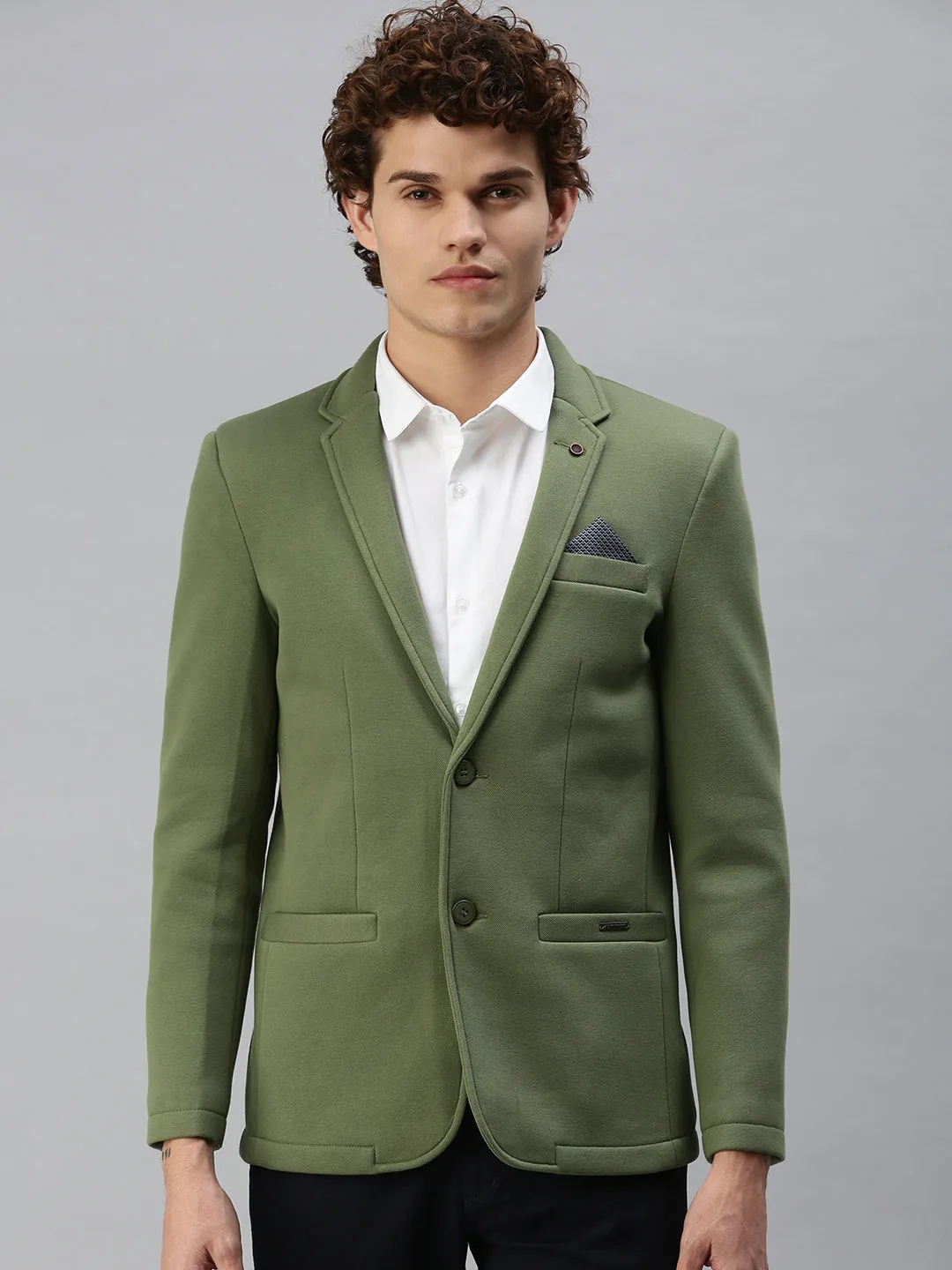 Men Green Solid Single-Breasted Slim-Fit Blazer