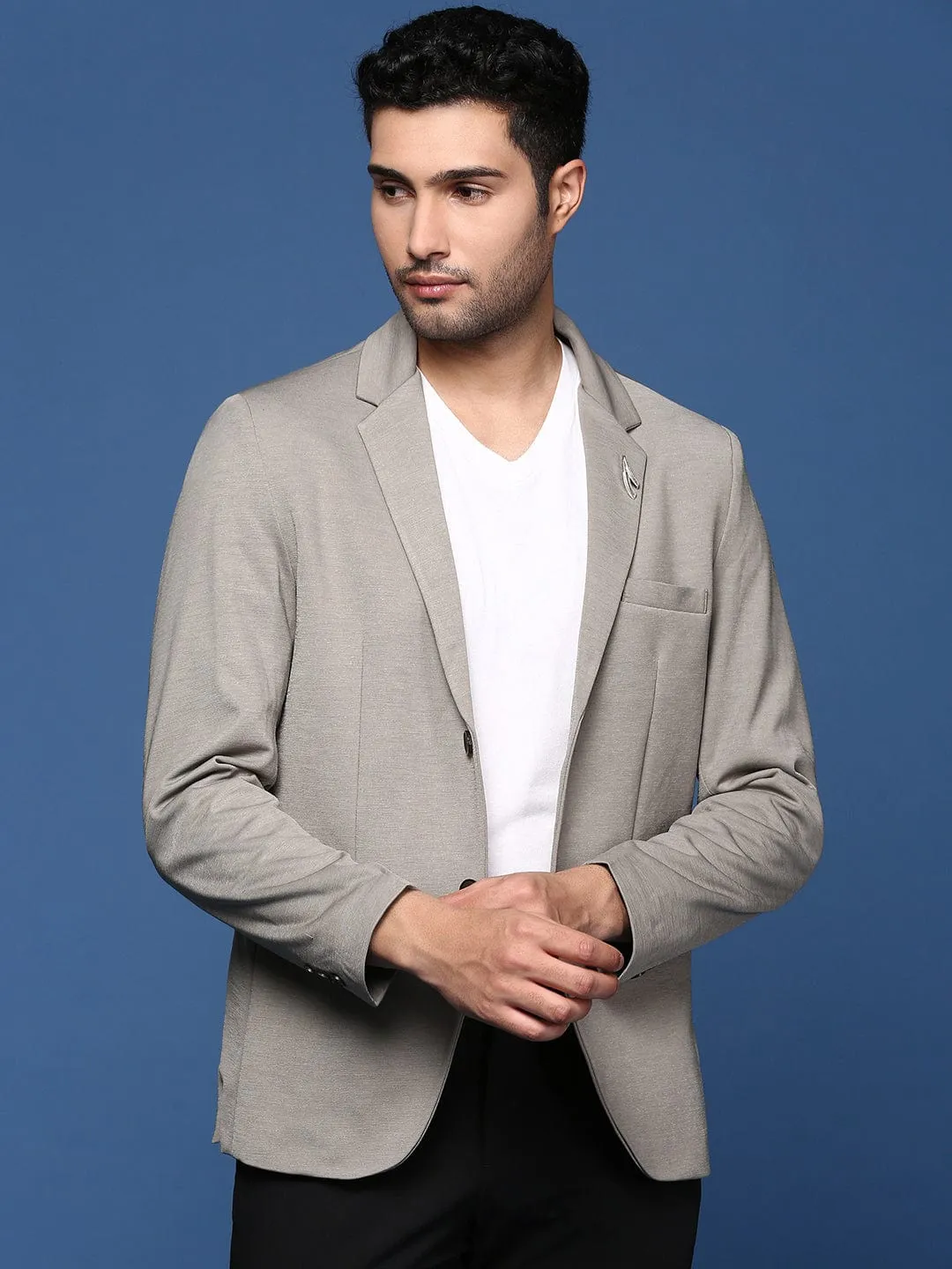 Men Grey Slim Fit Single Breasted Casual Blazer