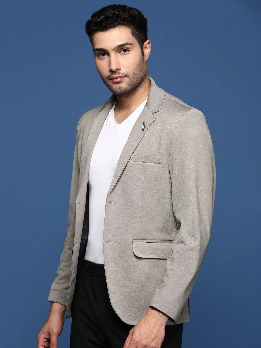 Men Grey Slim Fit Single Breasted Casual Blazer