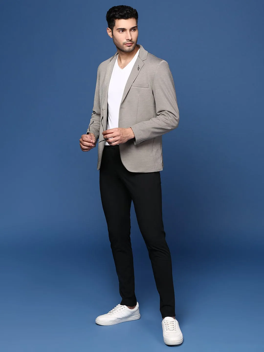 Men Grey Slim Fit Single Breasted Casual Blazer