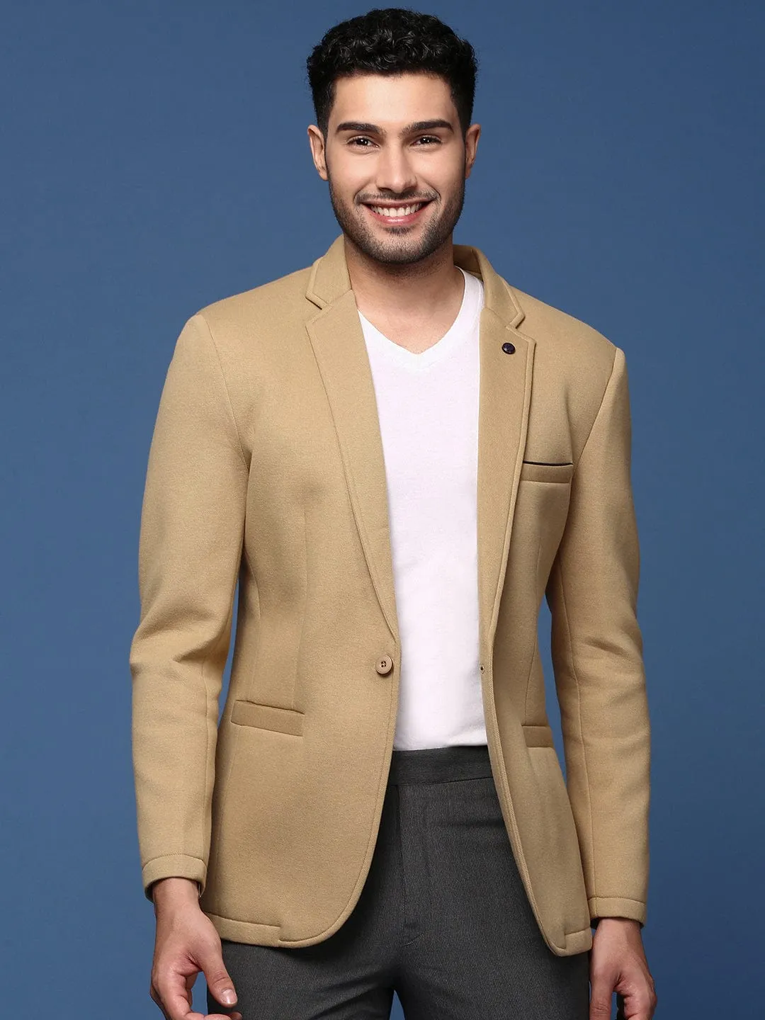 Men Khaki Slim Fit Single Breasted Casual Blazer