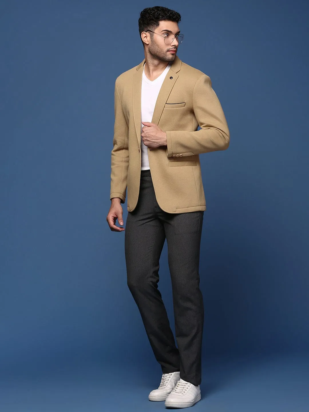 Men Khaki Slim Fit Single Breasted Casual Blazer