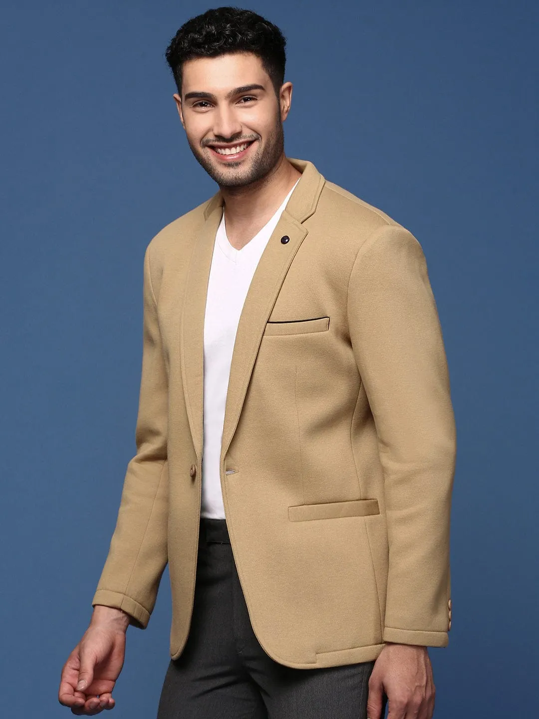 Men Khaki Slim Fit Single Breasted Casual Blazer