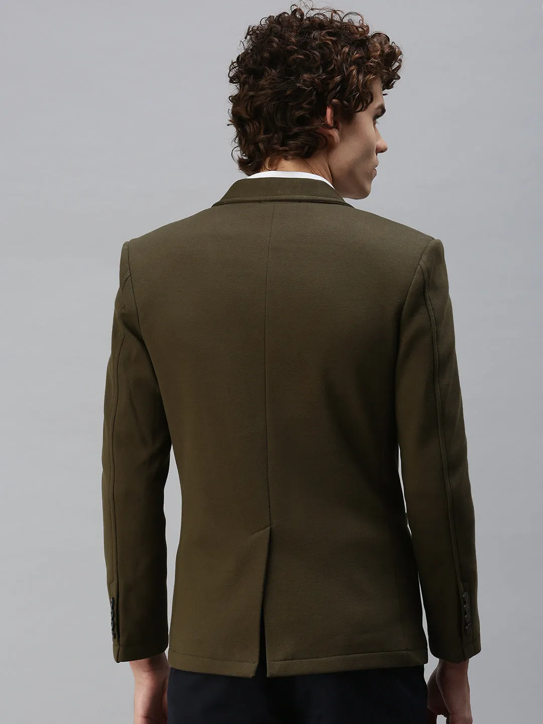 Men Olive Solid Single-Breasted Slim-Fit Blazer