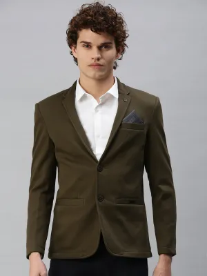 Men Olive Solid Single-Breasted Slim-Fit Blazer