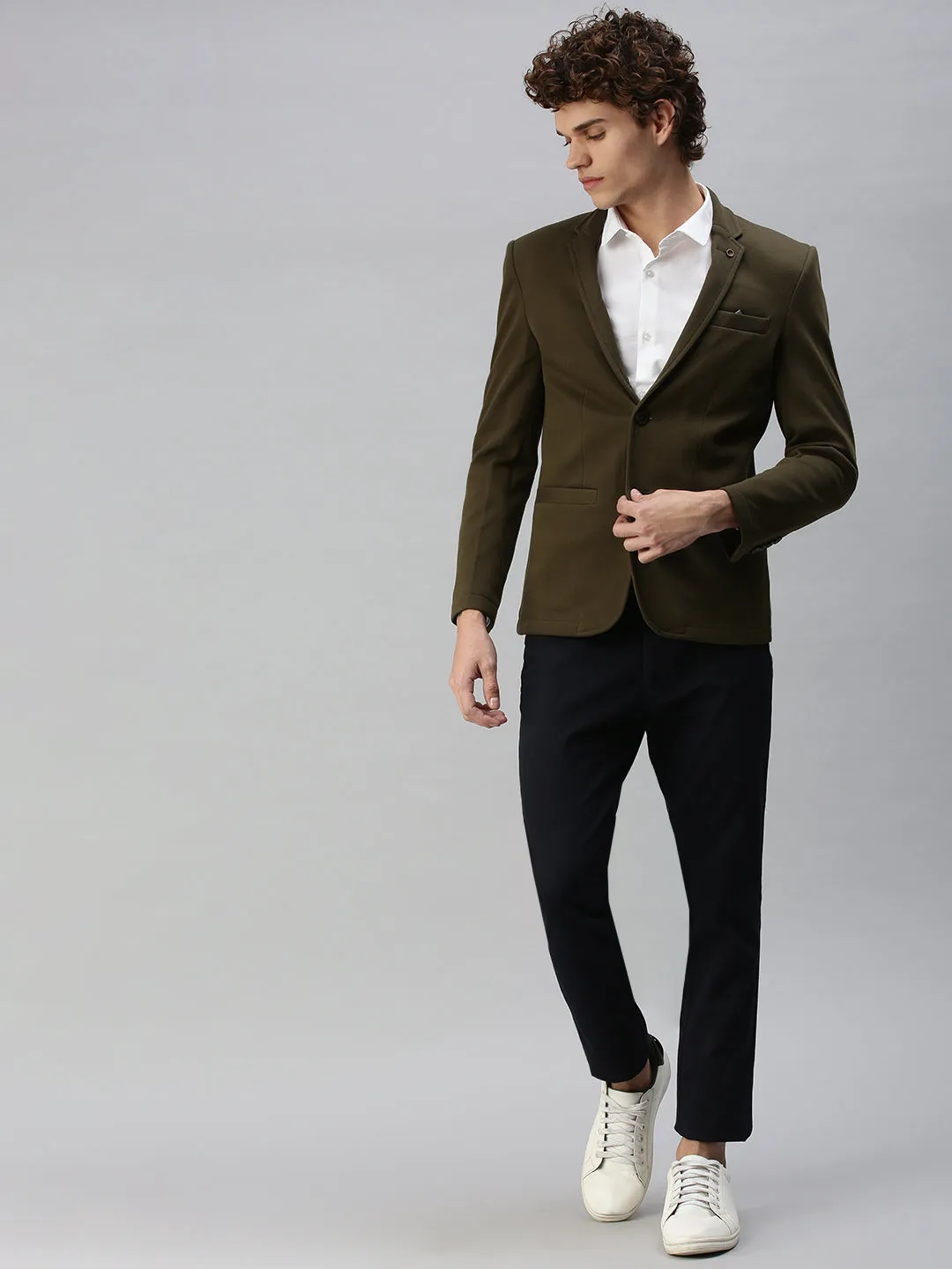 Men Olive Solid Single-Breasted Slim-Fit Blazer