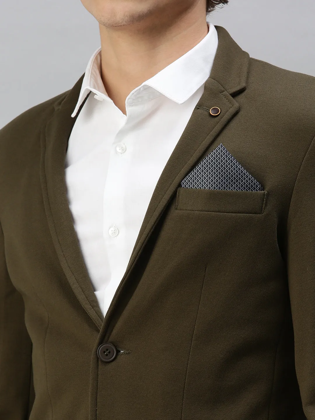 Men Olive Solid Single-Breasted Slim-Fit Blazer