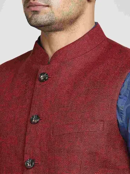 Men Red Tailored Fit Yarn Dyed Linen Jackets