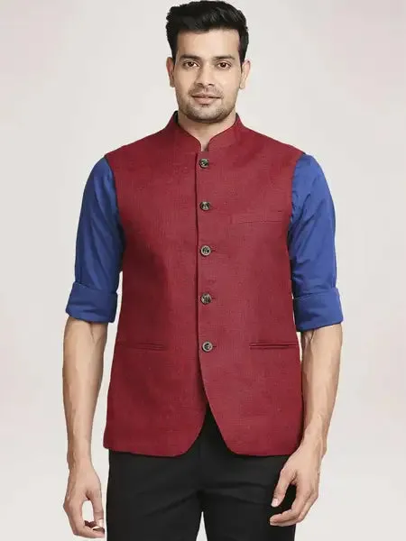 Men Red Tailored Fit Yarn Dyed Linen Jackets