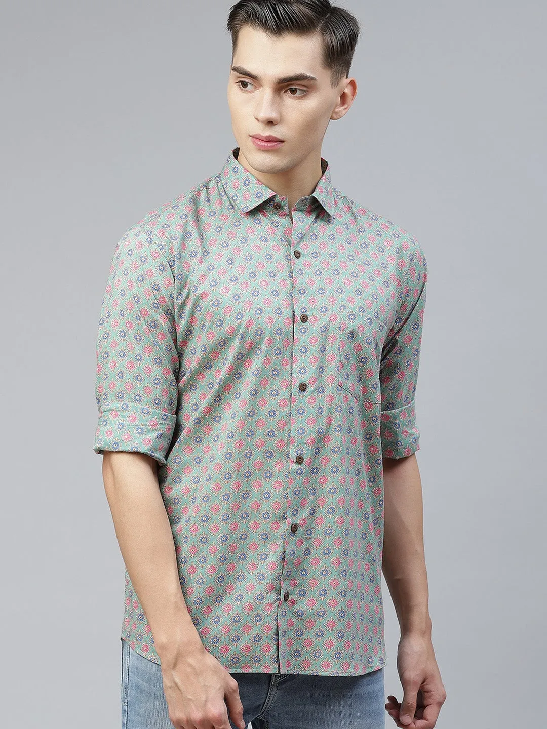 Men's Aqua Green Cotton Full Sleeves Shirt - Taantav