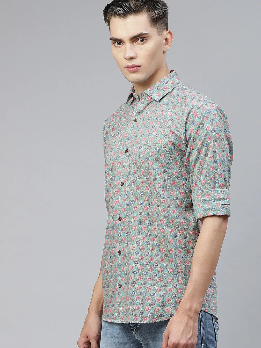 Men's Aqua Green Cotton Full Sleeves Shirt - Taantav