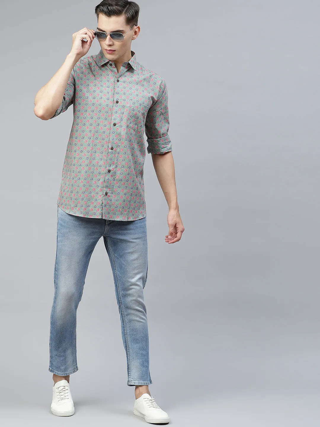 Men's Aqua Green Cotton Full Sleeves Shirt - Taantav