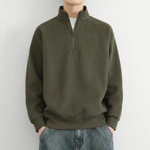 Mens Half-Zip Sweatshirt  Ribbed Knit  Relaxed Fit  Stand Collar Casual Pullover