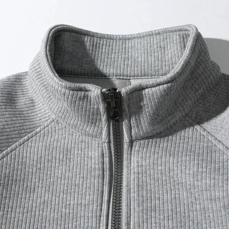 Mens Half-Zip Sweatshirt  Ribbed Knit  Relaxed Fit  Stand Collar Casual Pullover