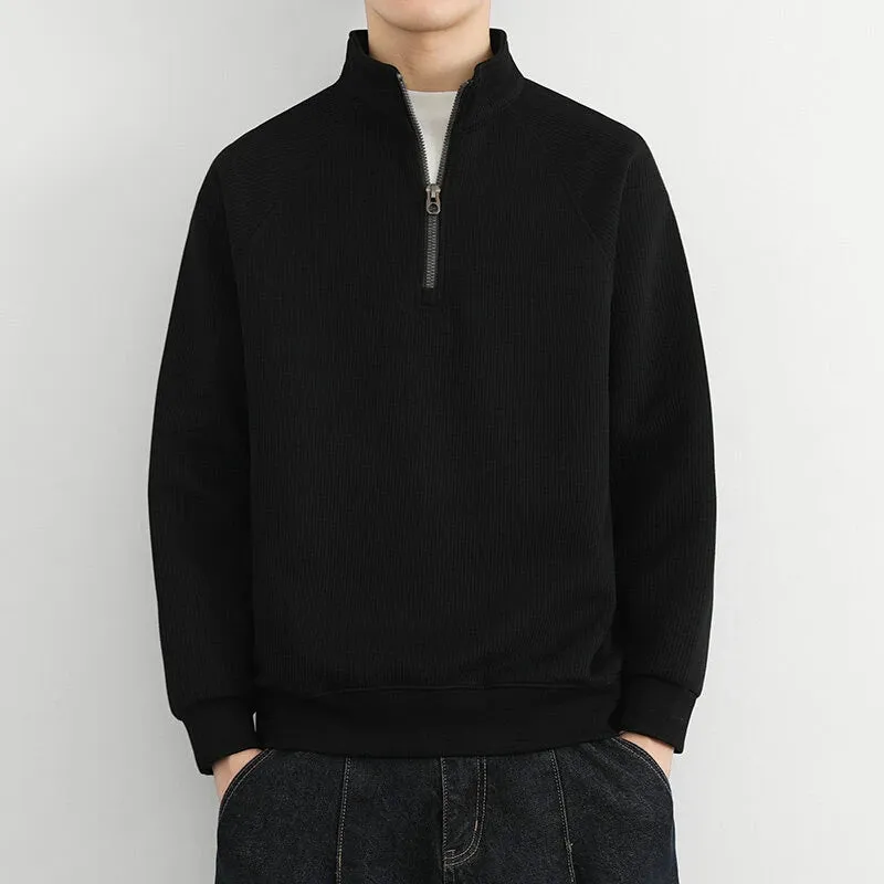 Mens Half-Zip Sweatshirt  Ribbed Knit  Relaxed Fit  Stand Collar Casual Pullover