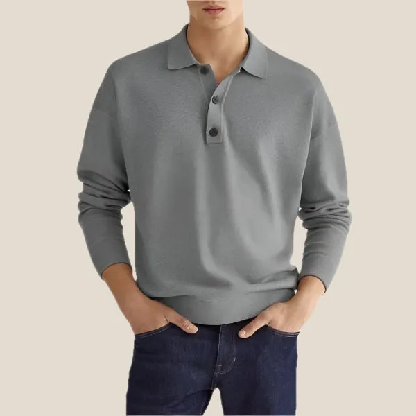 Mens Polo Shirt  Soft Knit Cotton Blend  Classic Fit  Long Sleeve  Ribbed Cuffs