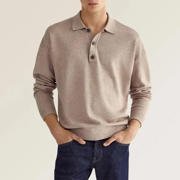 Mens Polo Shirt  Soft Knit Cotton Blend  Classic Fit  Long Sleeve  Ribbed Cuffs