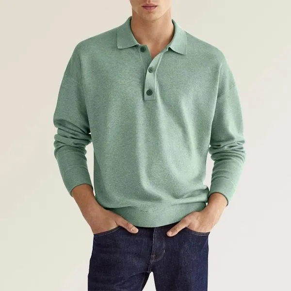 Mens Polo Shirt  Soft Knit Cotton Blend  Classic Fit  Long Sleeve  Ribbed Cuffs
