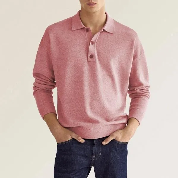 Mens Polo Shirt  Soft Knit Cotton Blend  Classic Fit  Long Sleeve  Ribbed Cuffs