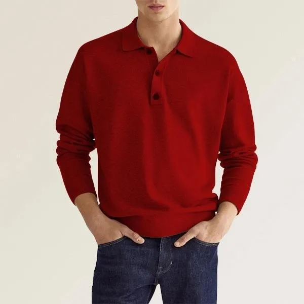 Mens Polo Shirt  Soft Knit Cotton Blend  Classic Fit  Long Sleeve  Ribbed Cuffs