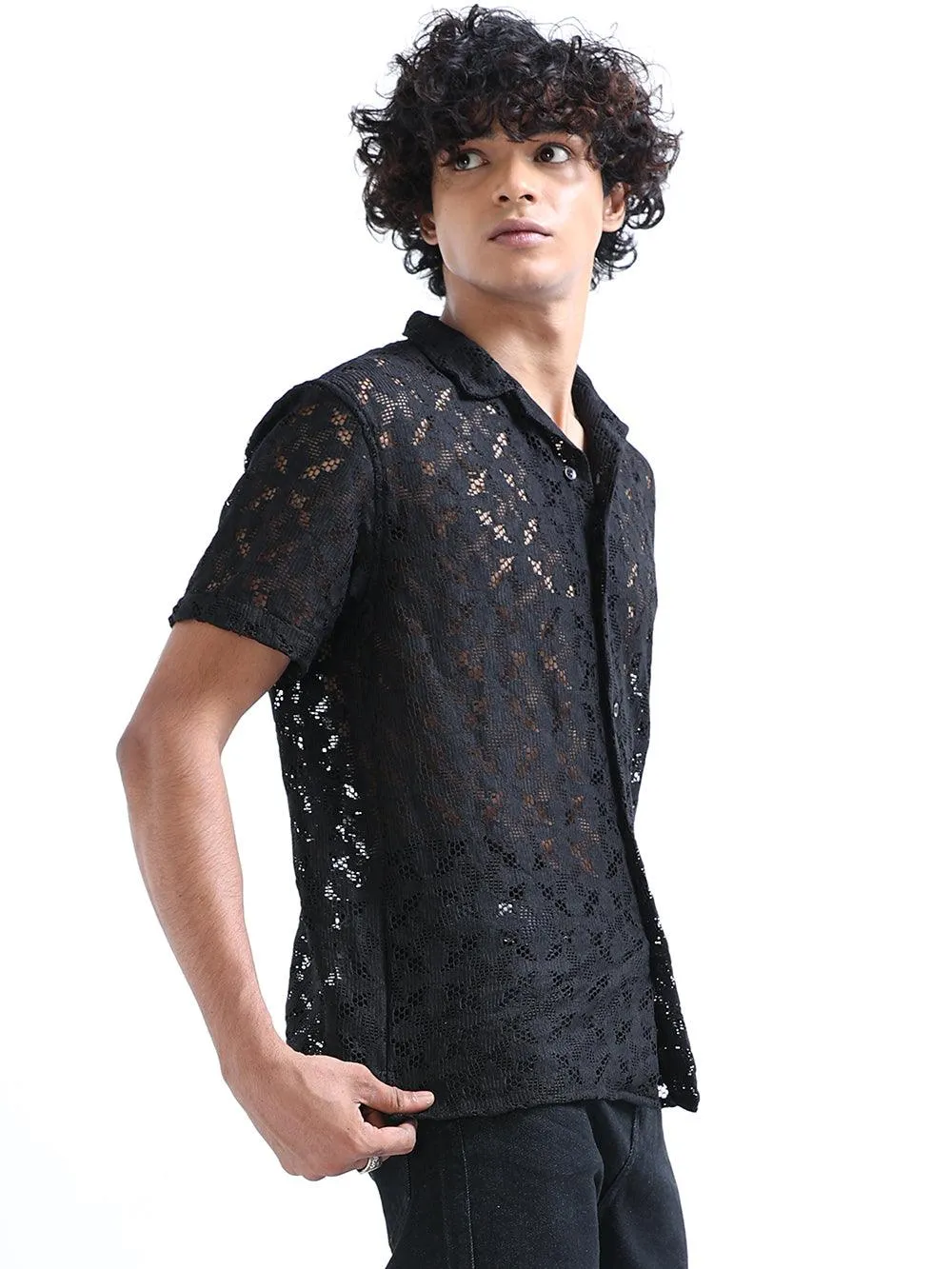 Men's Shark Black Cuban Collar Crochet shirt