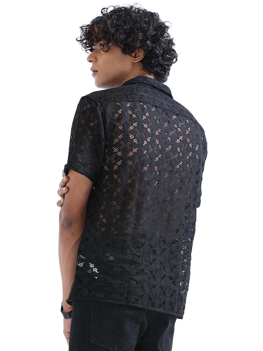 Men's Shark Black Cuban Collar Crochet shirt