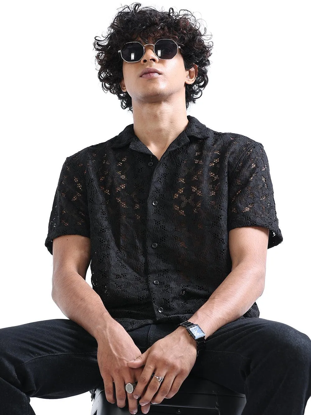 Men's Shark Black Cuban Collar Crochet shirt