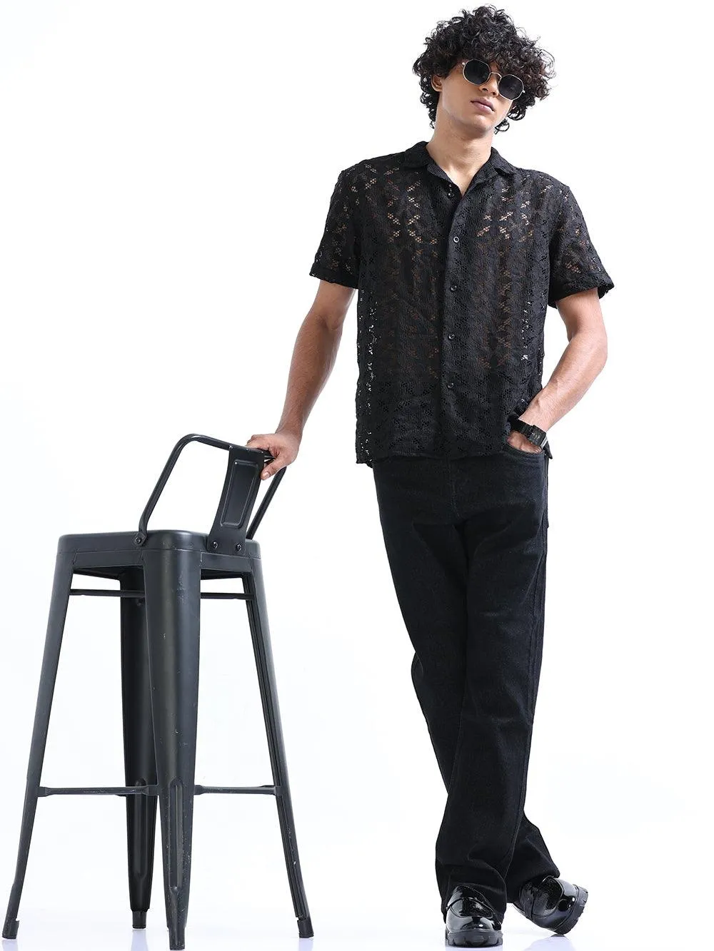Men's Shark Black Cuban Collar Crochet shirt
