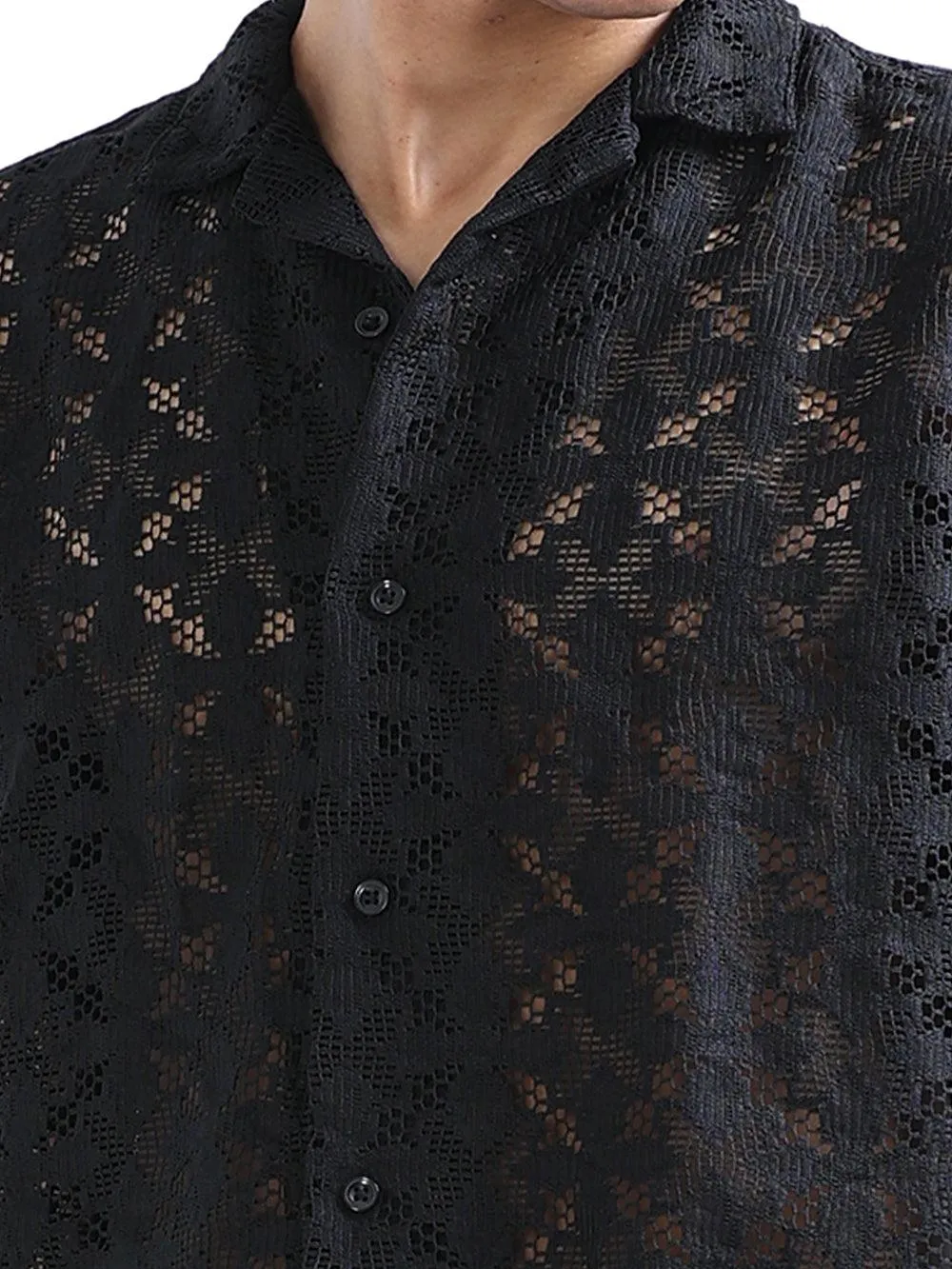 Men's Shark Black Cuban Collar Crochet shirt