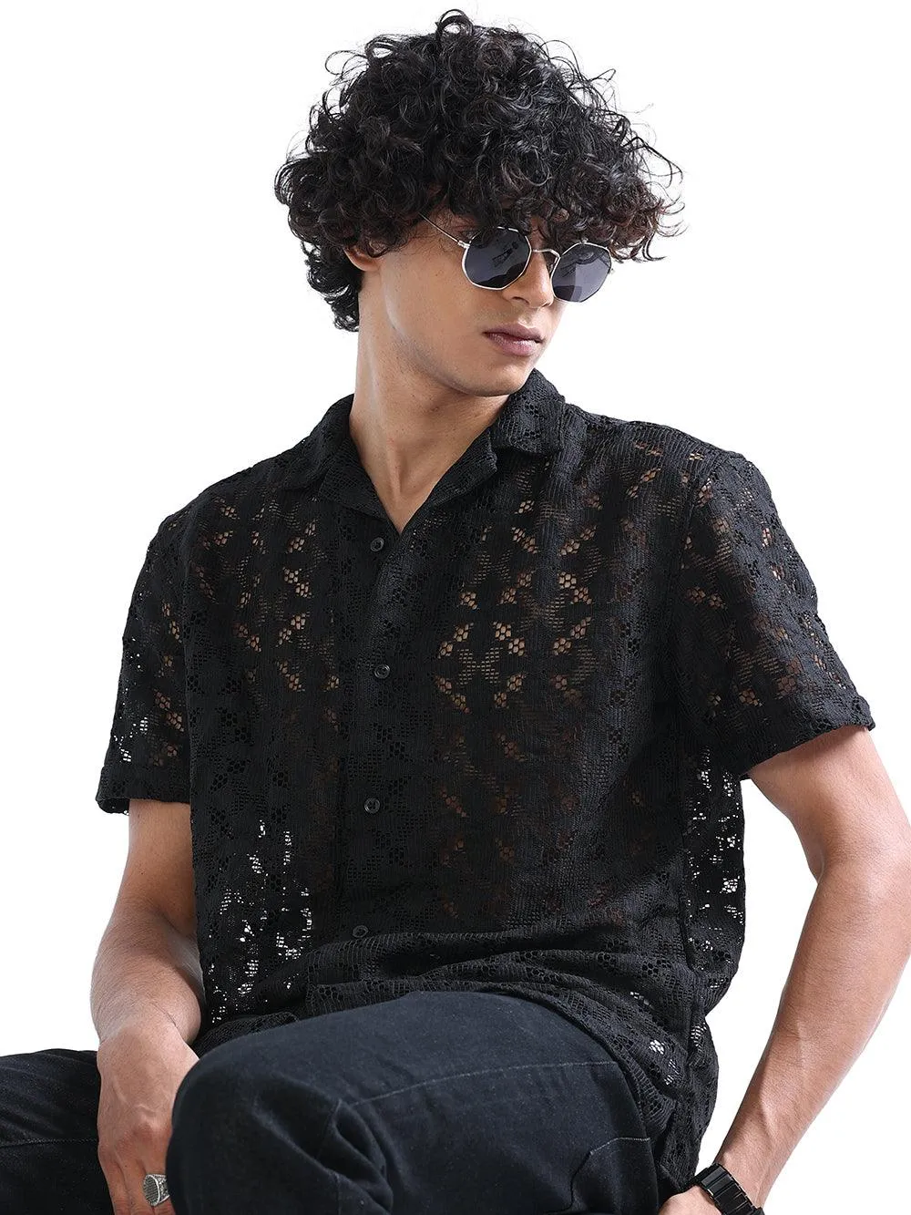 Men's Shark Black Cuban Collar Crochet shirt