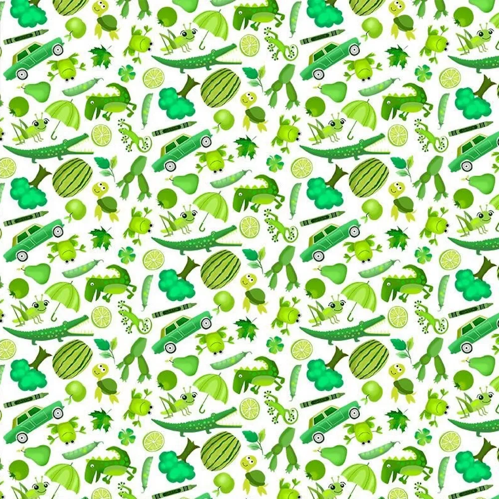 Mini Grass Green I Spy Creatures & Stuff on White Quilting Cotton
