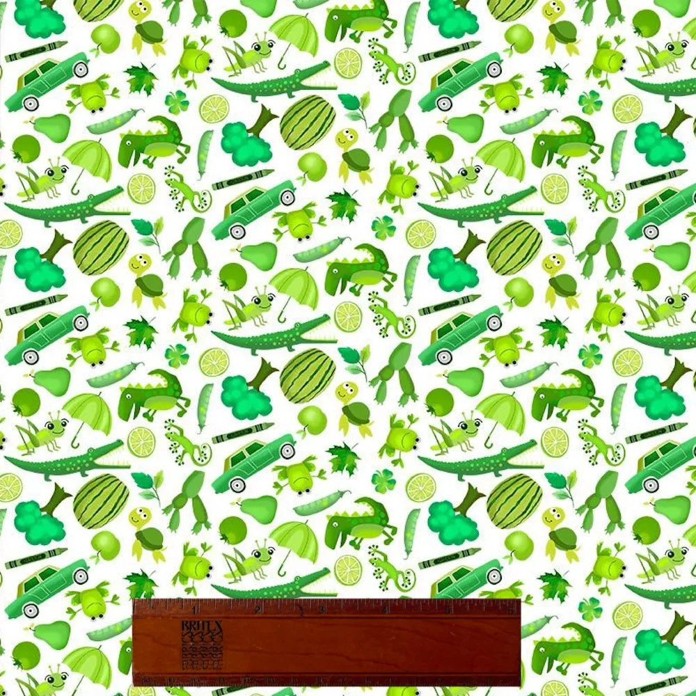 Mini Grass Green I Spy Creatures & Stuff on White Quilting Cotton