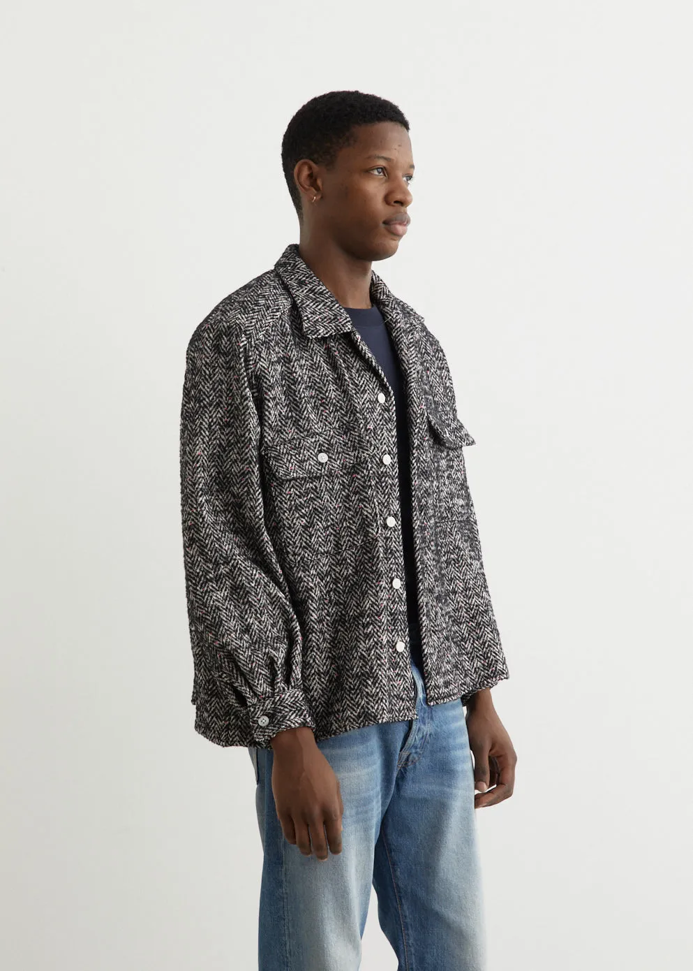 Open Collar Nep Tweed Shirt