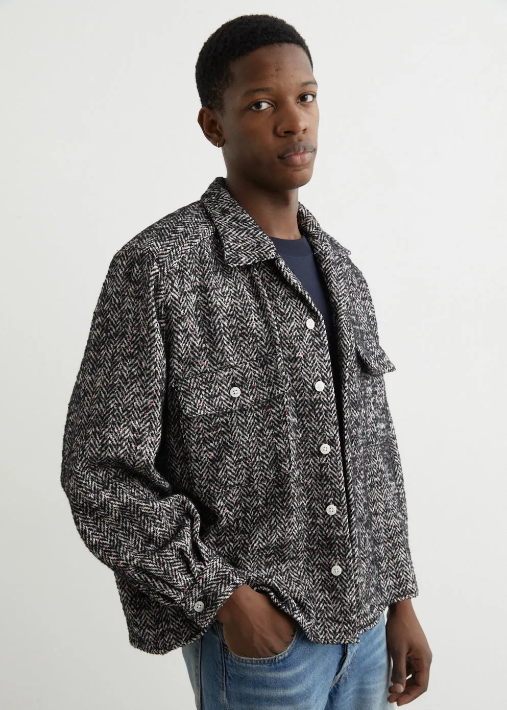 Open Collar Nep Tweed Shirt