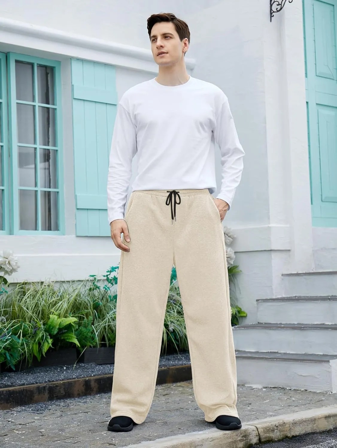 OYOANGLE Men's Drawstring Waist Straight Wide Leg Baggy Pants Workout Athletic Sweatpants with Pocket
