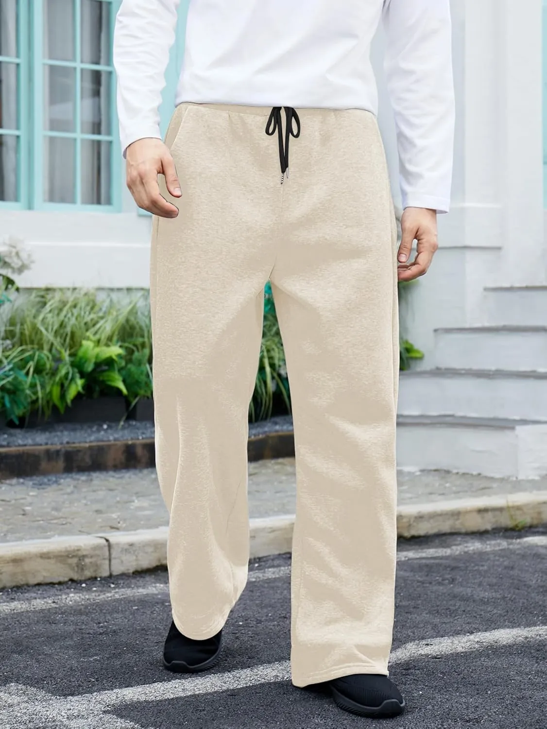 OYOANGLE Men's Drawstring Waist Straight Wide Leg Baggy Pants Workout Athletic Sweatpants with Pocket