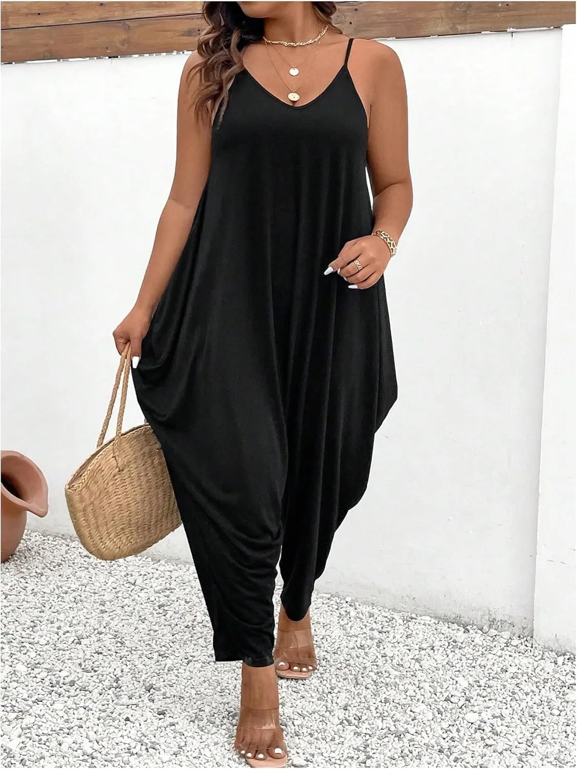 OYOANGLE Women's Plus Size Spaghetti Strap V Neck Harem Jumpsuits Sleeveless Long Pants Romper