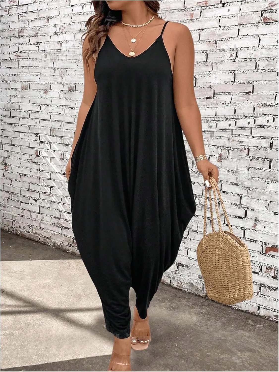 OYOANGLE Women's Plus Size Spaghetti Strap V Neck Harem Jumpsuits Sleeveless Long Pants Romper