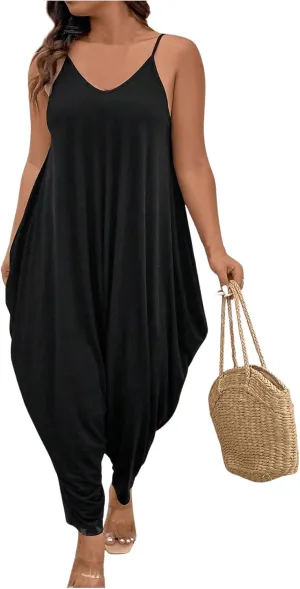 OYOANGLE Women's Plus Size Spaghetti Strap V Neck Harem Jumpsuits Sleeveless Long Pants Romper