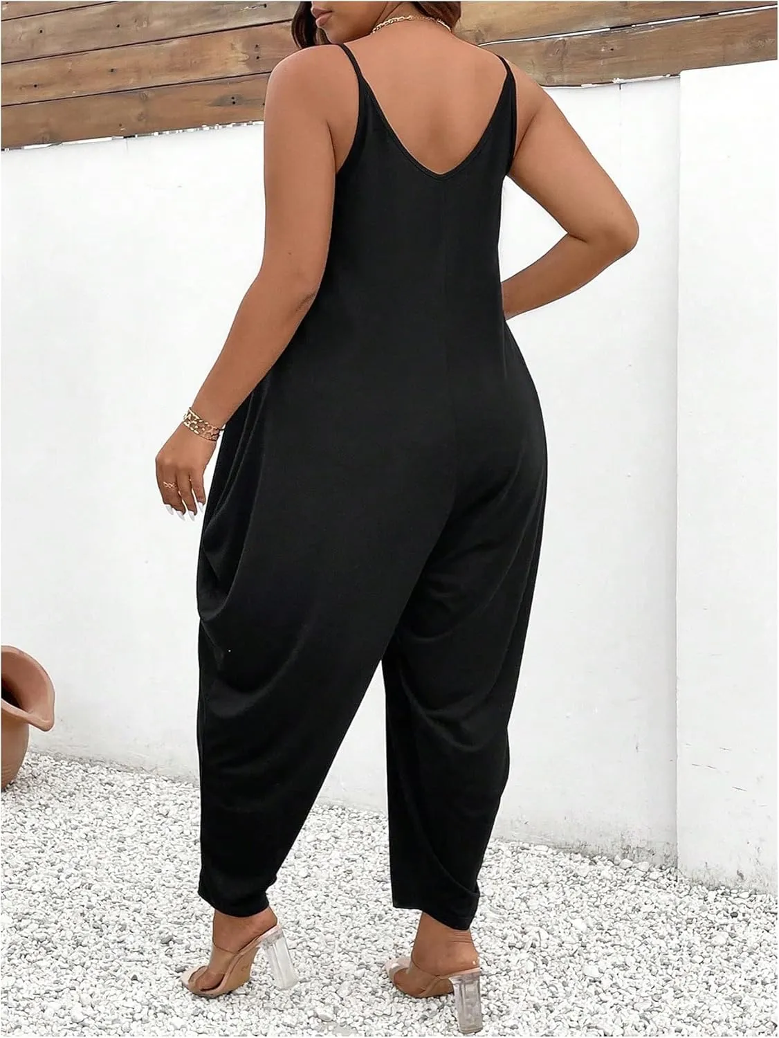 OYOANGLE Women's Plus Size Spaghetti Strap V Neck Harem Jumpsuits Sleeveless Long Pants Romper