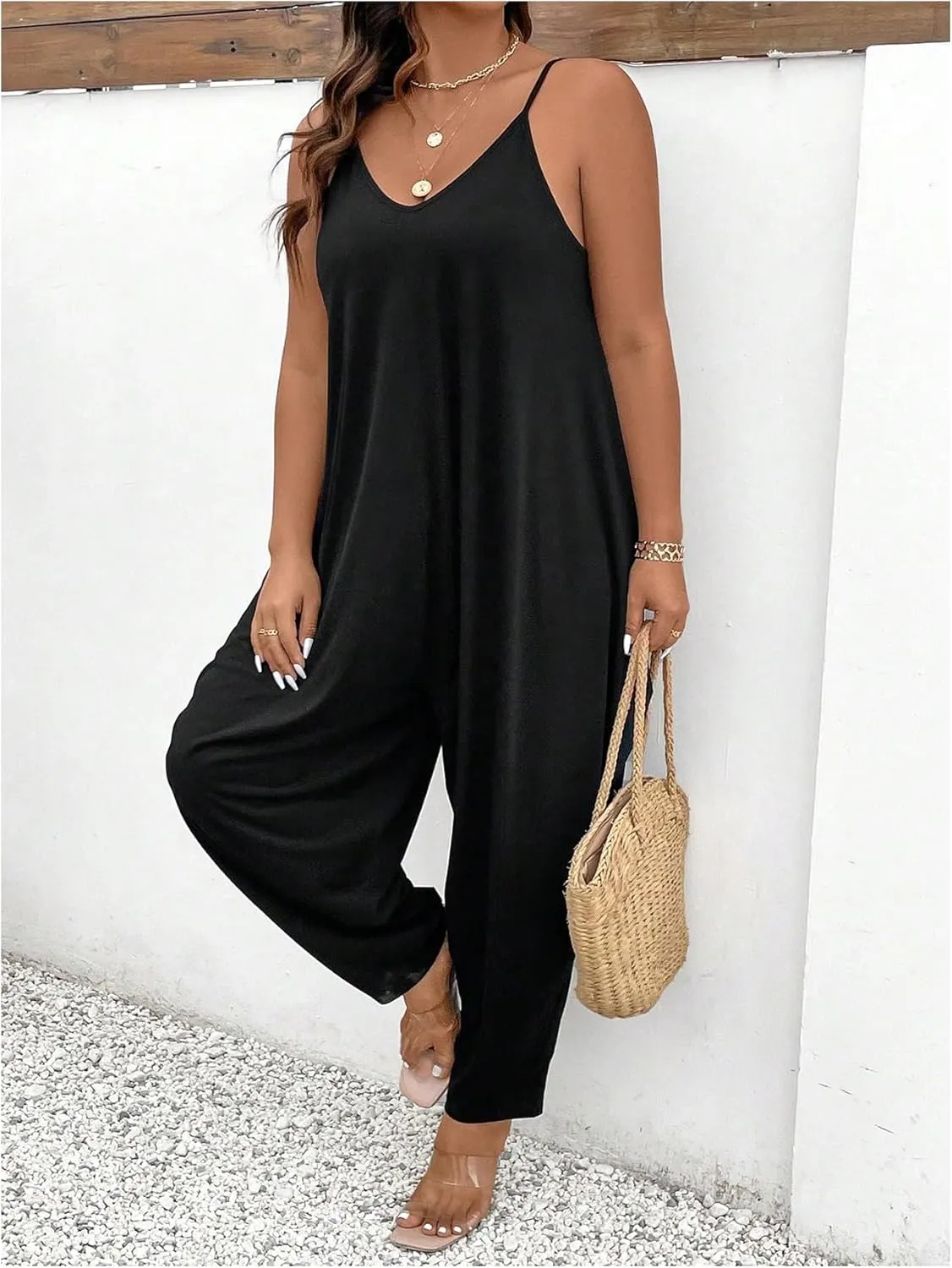OYOANGLE Women's Plus Size Spaghetti Strap V Neck Harem Jumpsuits Sleeveless Long Pants Romper