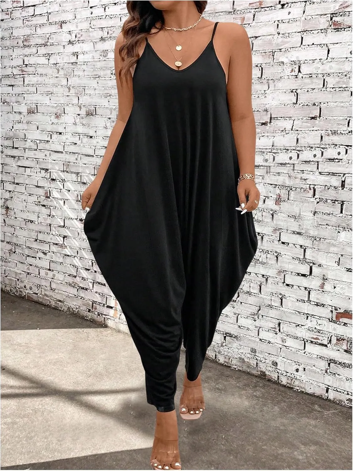 OYOANGLE Women's Plus Size Spaghetti Strap V Neck Harem Jumpsuits Sleeveless Long Pants Romper