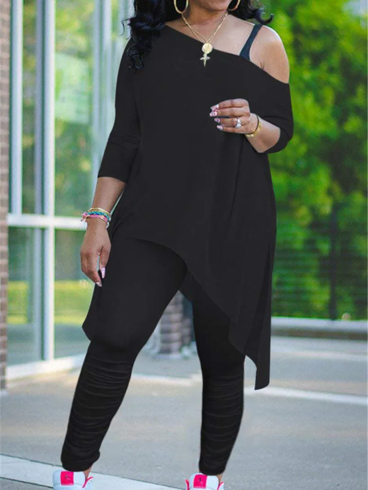 Plus Size Two Piece One Shoulder Tops  Pants