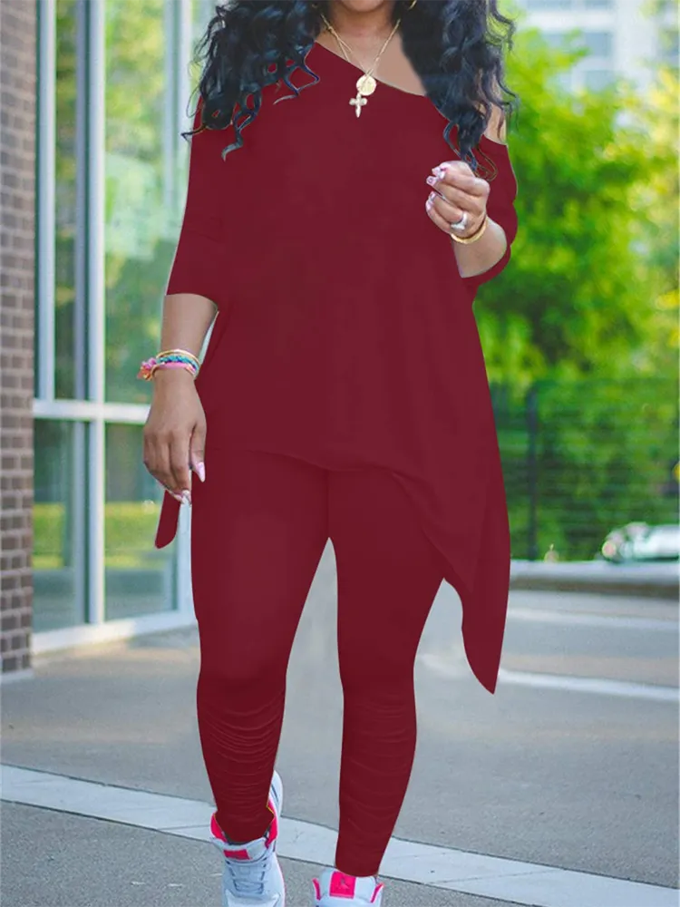 Plus Size Two Piece One Shoulder Tops  Pants
