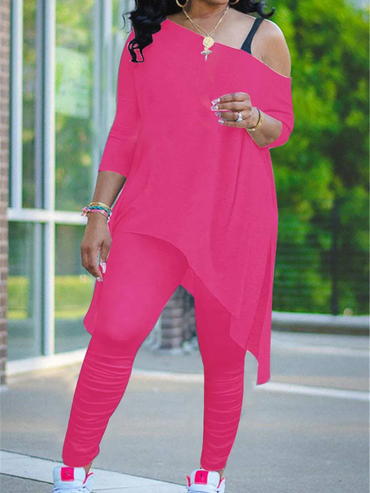 Plus Size Two Piece One Shoulder Tops  Pants